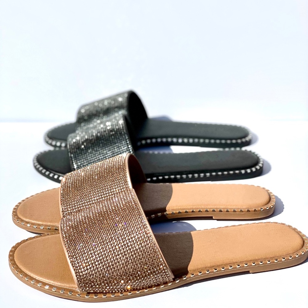 Rose Gold Rhinestone Flat Sandals - Picture 6 of 7